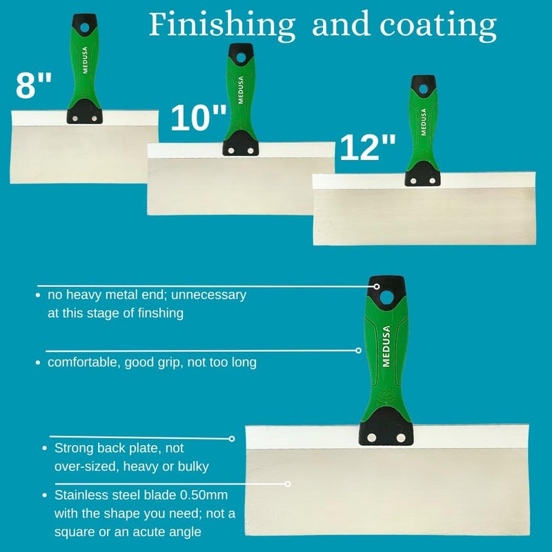 MEDUSA 's Flexible Stainless Steel Drywall Taping Knife Set with 12" Mud Pan and Grip: Classic Style Light Weight Handles with Strong Flexible Blades for Professional and beginner friendly Finishers - Image 4